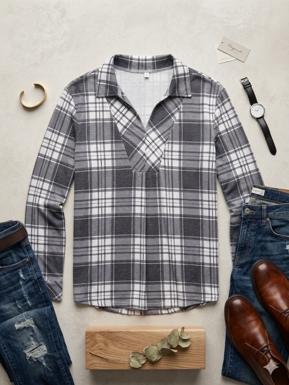Gray & White Plaid Long Sleeve Top